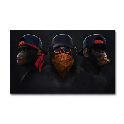 Black canvas monkey wall art featuring three stylized gangster chimpanzees with unique headwear and accessories