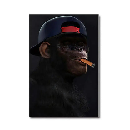 A stylized monkey wall art portrait featuring a chimpanzee with a dark blue cap and holding a cigar for premium decor