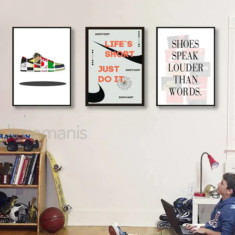 DecorBites™ sneaker box canvas wall art featuring a colorful multi-patterned sneaker graphic framed poster