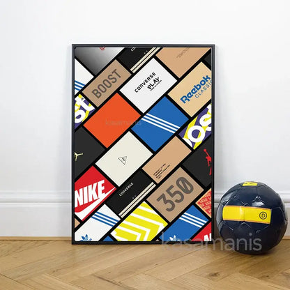 A framed decorbites™ sneaker box canvas wall art featuring a vibrant collage of bold sneaker brand logos in red blue yellow black and white