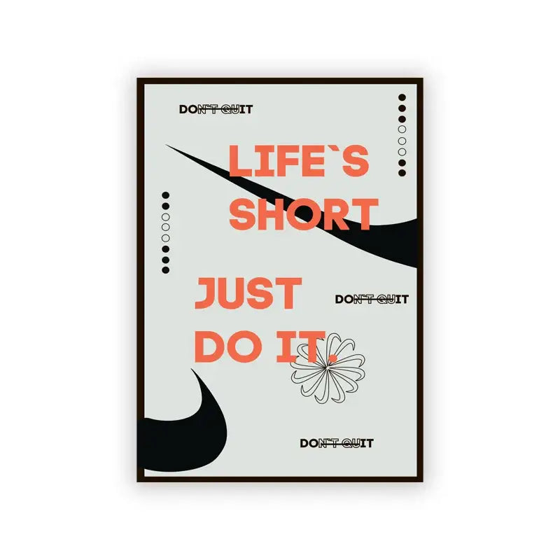 Decorbites™ fashionable sneaker box canvas wall art with bold orange text and black abstract shapes on light gray background