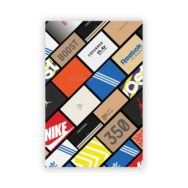 Decorbites™ fashionable sneaker box canvas wall art with vibrant geometric patterns and iconic sneaker logos in bold colors