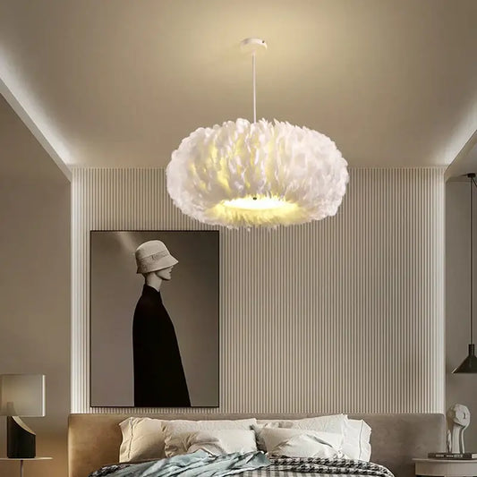 Decorbites feather decor led chandelier white bedroom pendant light with soft white feathers and warm glow