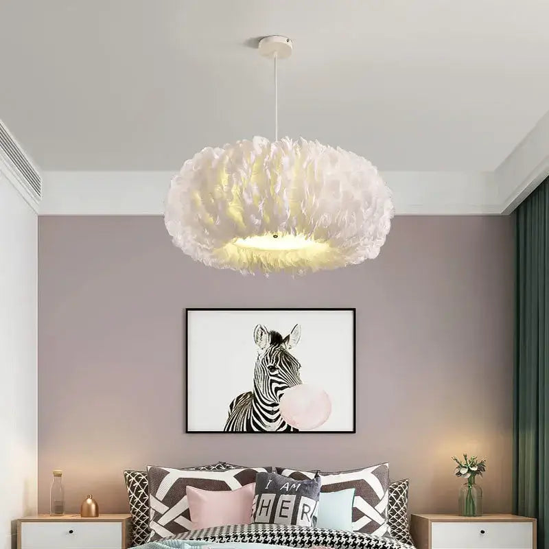 A soft white feather decor led chandelier by Decorbites with warm glow hanging in a bedroom pendant light