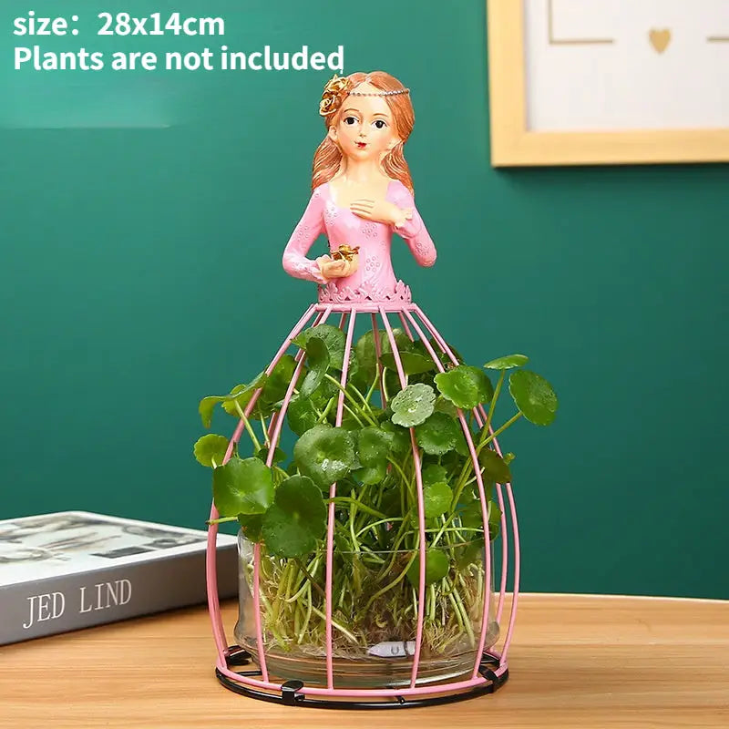 Decorbites flamingo metal vase with pink figurine dress glass base and metal cage for stylish home decor