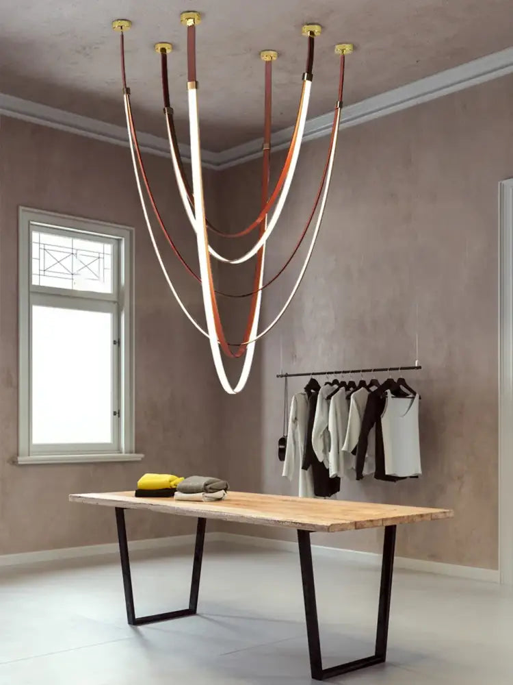 DecorBites flex leather belt led chandelier with curved illuminated strips in brown and white for living room decor