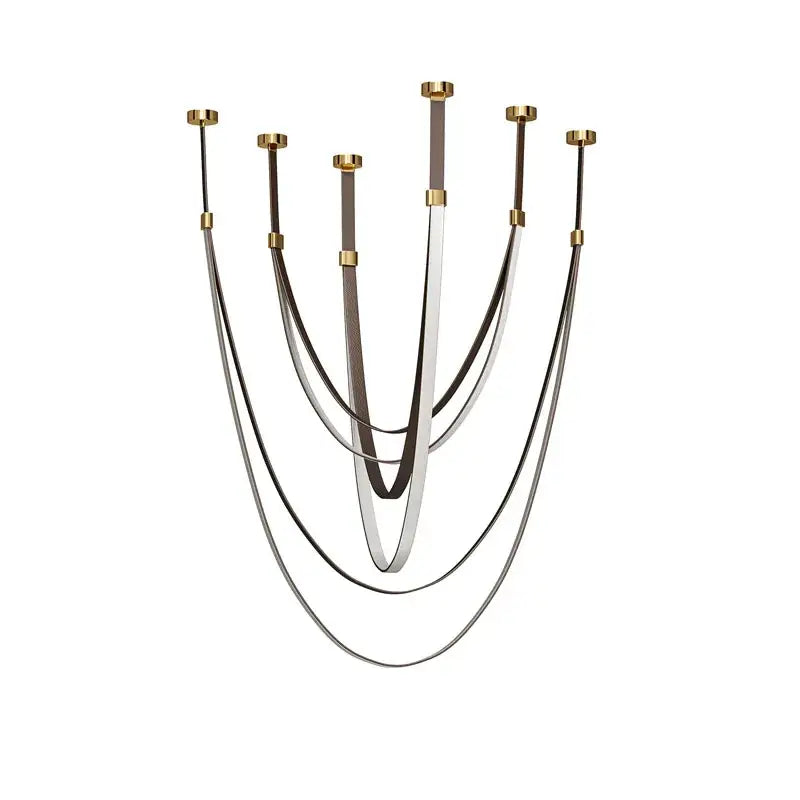 Modern DecorBites™ LED chandelier with five curved arms featuring flexible leather belt straps and brass accents in black