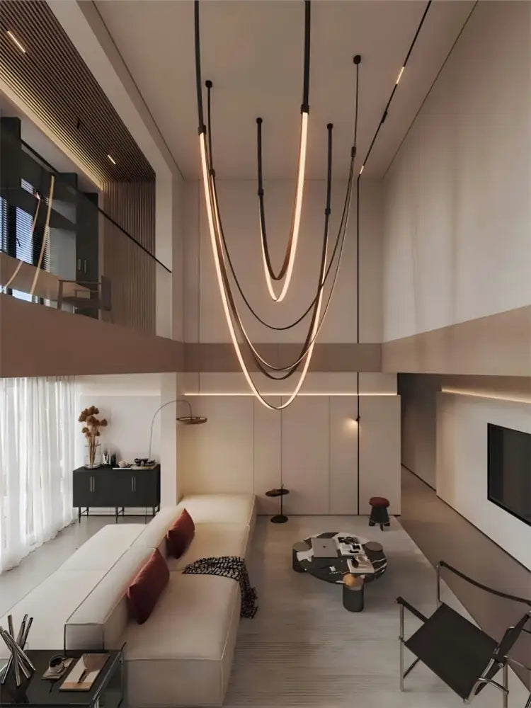 Modern minimalist decorbites™ flexible leather belt led chandelier with sleek curved light strips for living room use