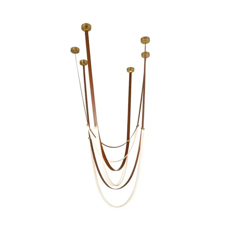 DecorBites flexible leather belt LED chandelier light with brown and cream leather straps and brass circular mounts