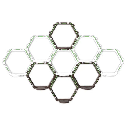 Decorbites™ floating display shelf system with modular hexagonal white and dark brown frames accented by green trim