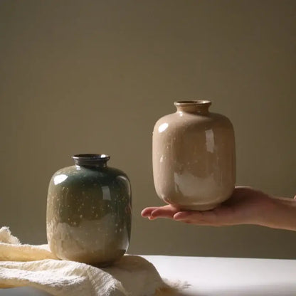 Beige decor ceramic vase with glossy speckled finish and rounded shoulders from DecorBites™ 13.5cm high ceramic vase