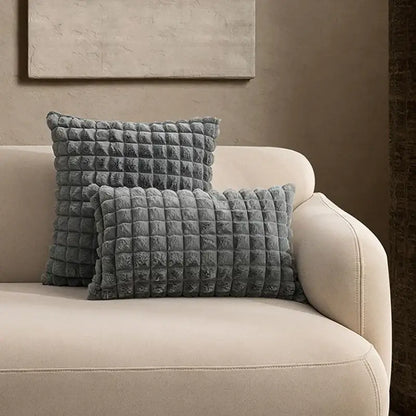 Gray quilted decorbites fluffy faux fur cushion cover with soft textured surface for living room decor