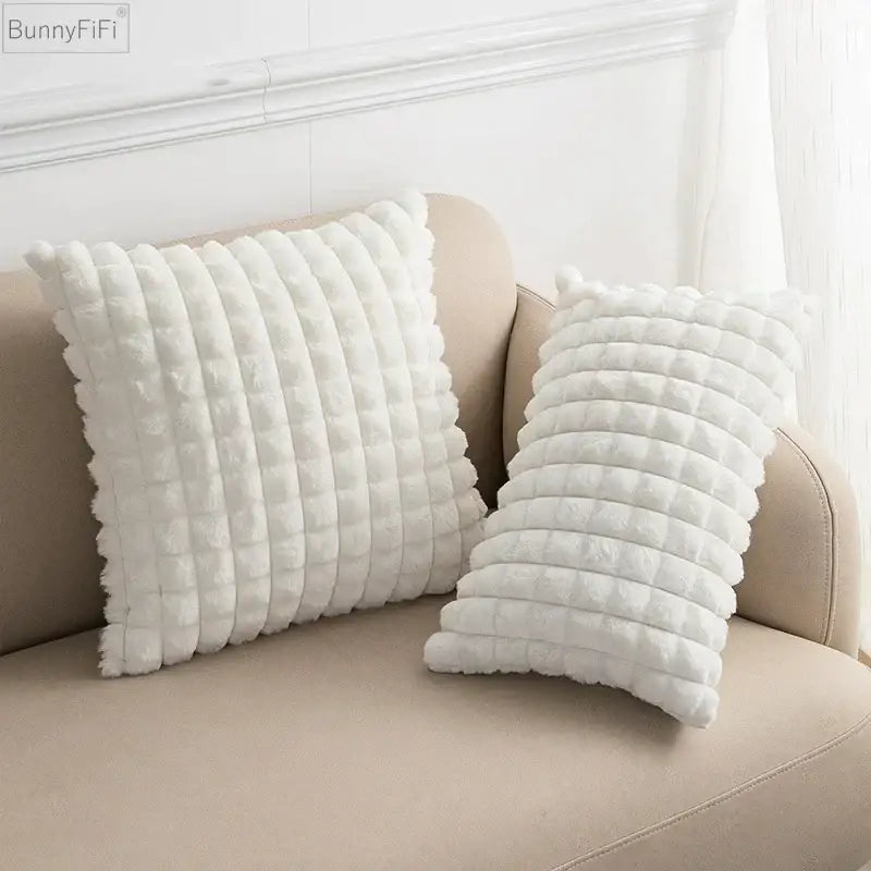 White plush quilted cushion cover with soft fluffy faux fur texture by decorbites ideal for living room decor
