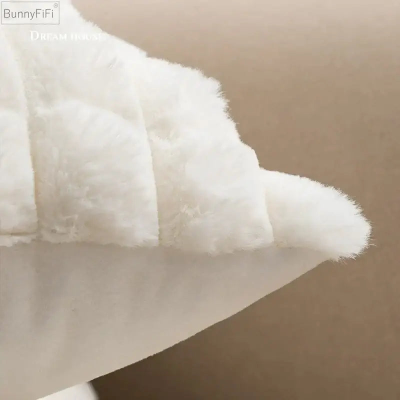 White fluffy faux fur cushion cover with quilted stitching and plush texture by decorbites in cream and brown