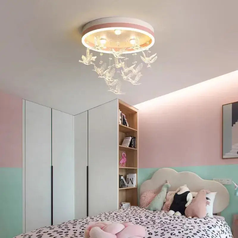 Round decorbites flying bird ceiling light with pink white rim and clear crystal bird ornaments for bedroom decor