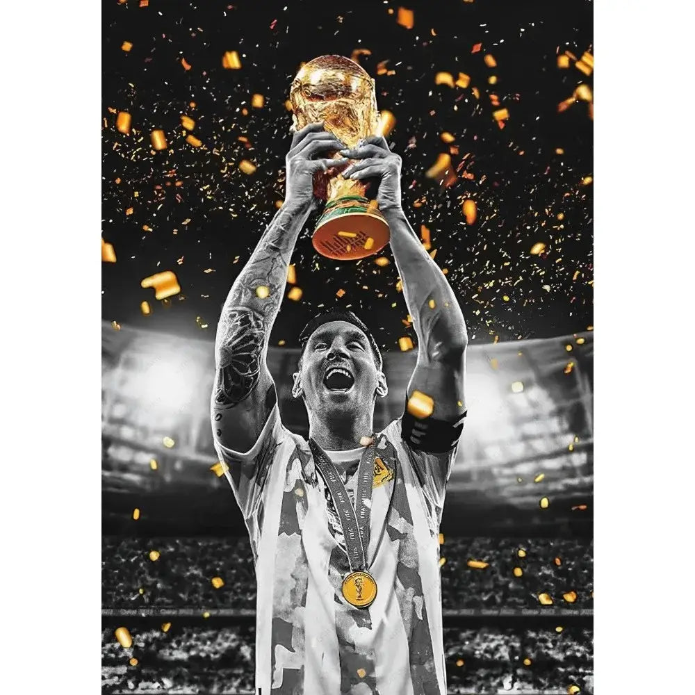 Golden fifa world cup trophy held high above the head in decorbites™ football star m-messi poster for home decor