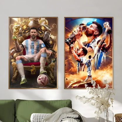 Two framed decorbites™ football star m-messi posters featuring lionel messi in argentina jerseys celebrating trophies