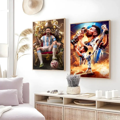Two framed decorbites™ football star m-messi posters featuring lionel messi in argentina jerseys celebrating victories and trophies