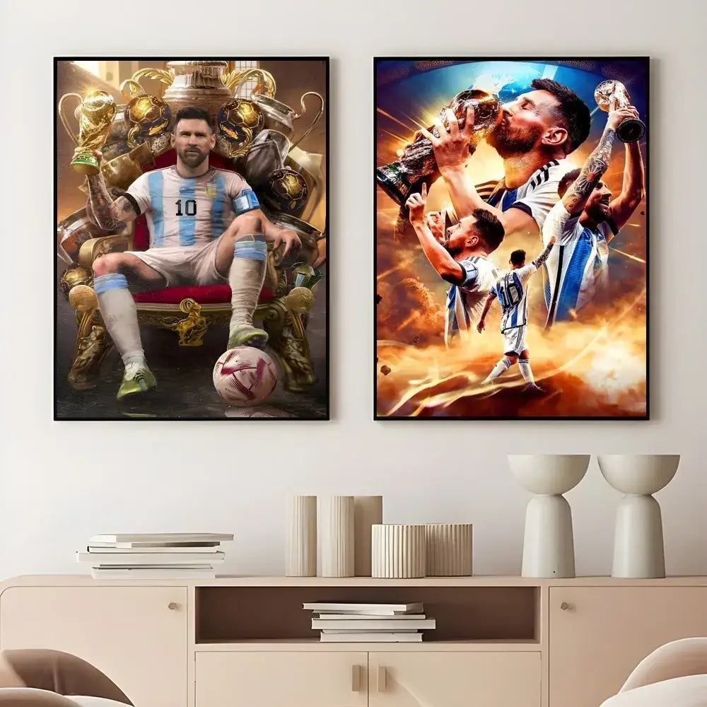 Two framed canvas prints of football star celebrating with trophies featured in decorbites™ football star m-messi poster