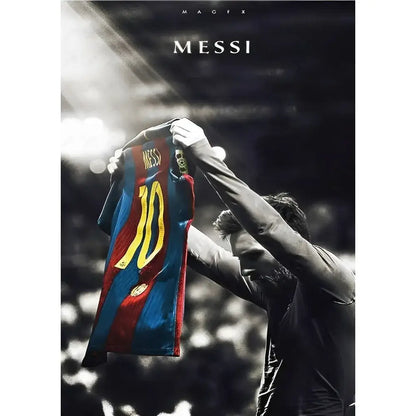 A vibrant blue and red striped football star m-messi poster jersey with bold yellow number 10 and gold crest