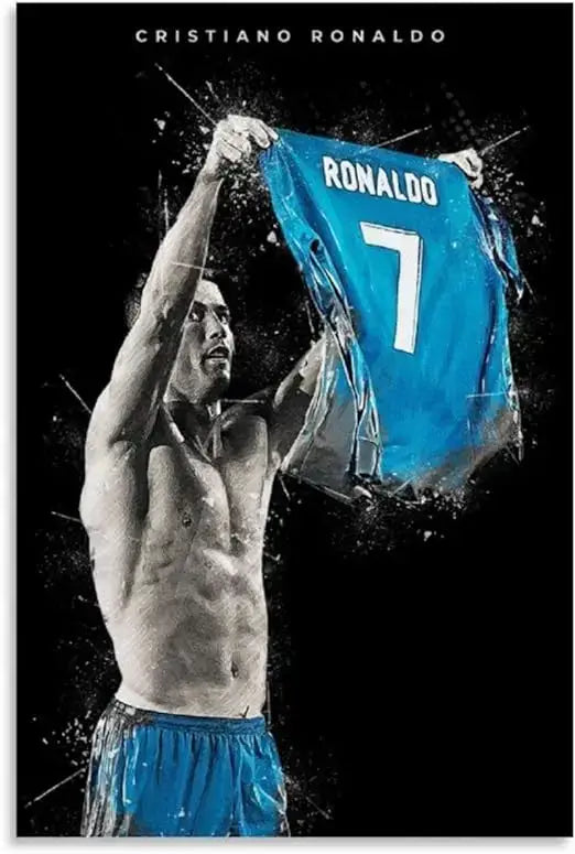 A vibrant blue football star poster featuring a soccer jersey with ronaldo 7 held aloft in decorbites canvas print