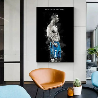 Decorbites™ football star posters canvas print featuring a black and blue stylized portrait of cristiano ronaldo in jersey 7