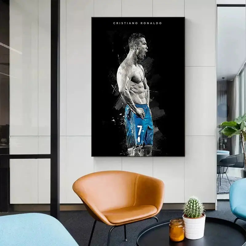 Decorbites™ football star posters canvas print featuring a black and blue stylized portrait of cristiano ronaldo in jersey 7