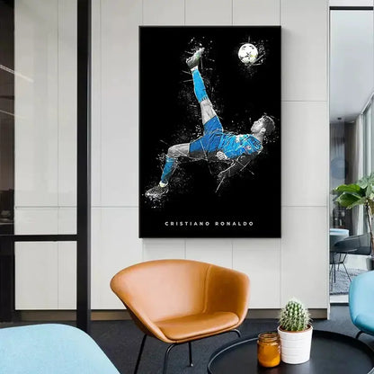 Black-framed canvas print of football star posters featuring cristiano ronaldo in blue and white gear mid-air kicking ball