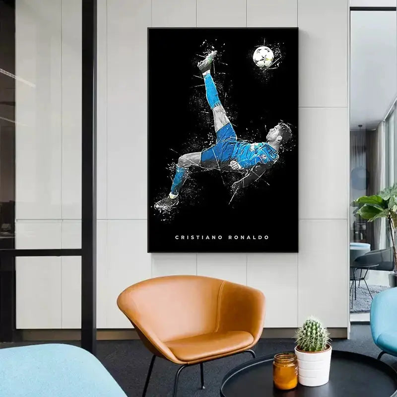 Black-framed canvas print of football star posters featuring cristiano ronaldo in blue and white gear mid-air kick for home decor