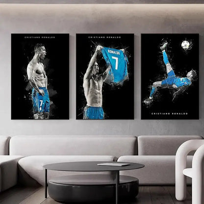 Three framed black and white football star posters featuring cristiano ronaldo in blue jersey displayed above modern sofa