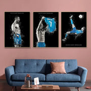 Three framed black-and-white and blue football star posters of cristiano ronaldo in number 7 jersey for home decor