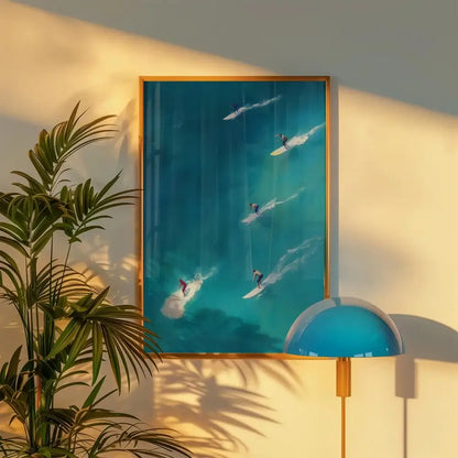 DecorBites™ frameless summer wall art showing people swimming on turquoise waves in a slim gold-colored frame