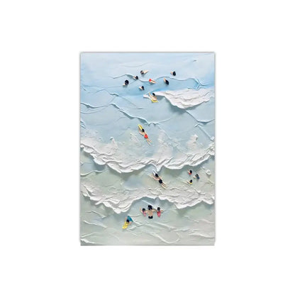 DecorBites frameless summer canvas wall art with textured light blue waves and miniature people swimming design