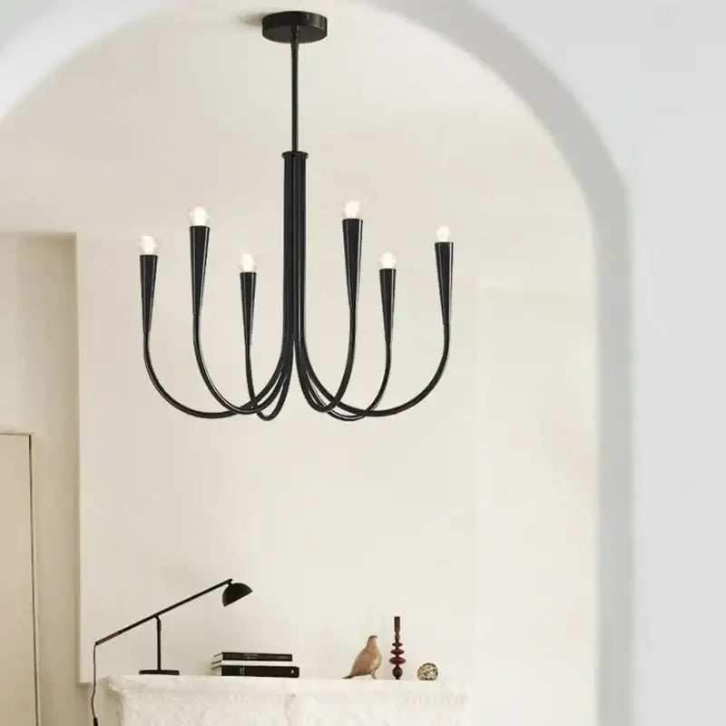 Black wrought iron decorbites french candle led chandelier with six curved arms and exposed bulbs for kitchen lighting