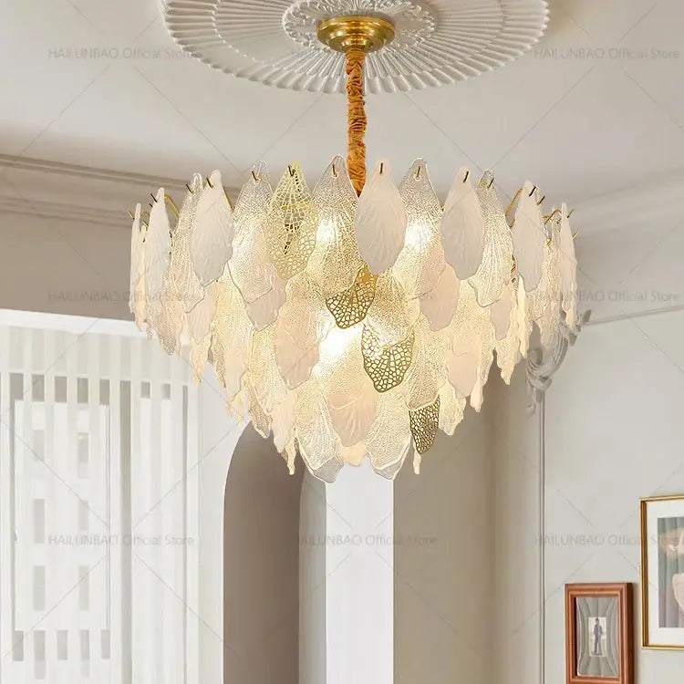 Elegant decorbites french crystal chandelier with layered cream and gold leaf glass pieces for living room lighting