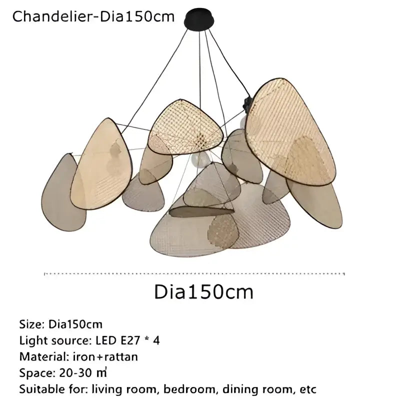 DecorBites™ french design rattan chandelier with 150cm iron and rattan leaf-shaped shades for home lighting