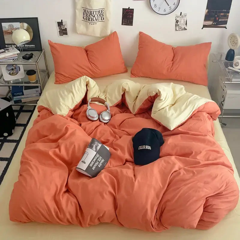 Orange and cream two-toned quilt set with soft plush texture from decorbites fresh solid color cotton quilt set