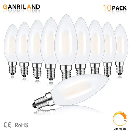 A set of ten decorbites frosted led candle light bulbs with metallic screw base for warm white dining room use
