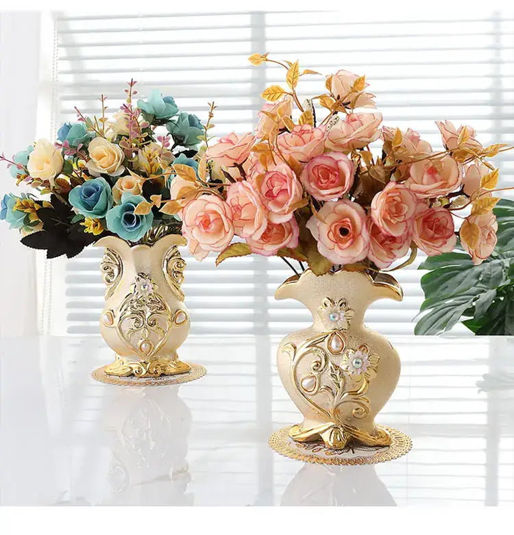 Elegant cream-colored DecorBites frosted porcelain flower vases with gold detailing and artificial roses for home decor