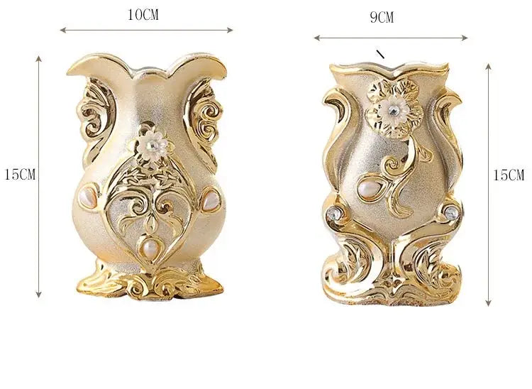 Gold-toned ornate frosted porcelain flower vase with floral scrollwork and embedded pearls for elegant home decor
