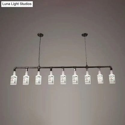 Industrial-style black pipe chandelier with eight frosted white glass jack daniels whiskey bottle lights for loft decor