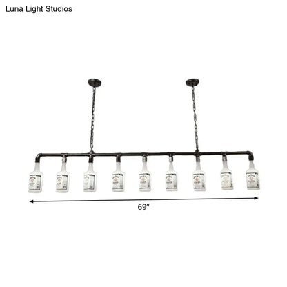 Industrial-style pendant light with black wine bottle frame and frosted white glass fixtures for restaurant ceiling lighting