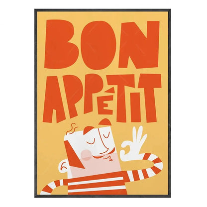 A framed canvas painting featuring bold orange bon appetit text and a toast cartoon with fun beans on a yellow background