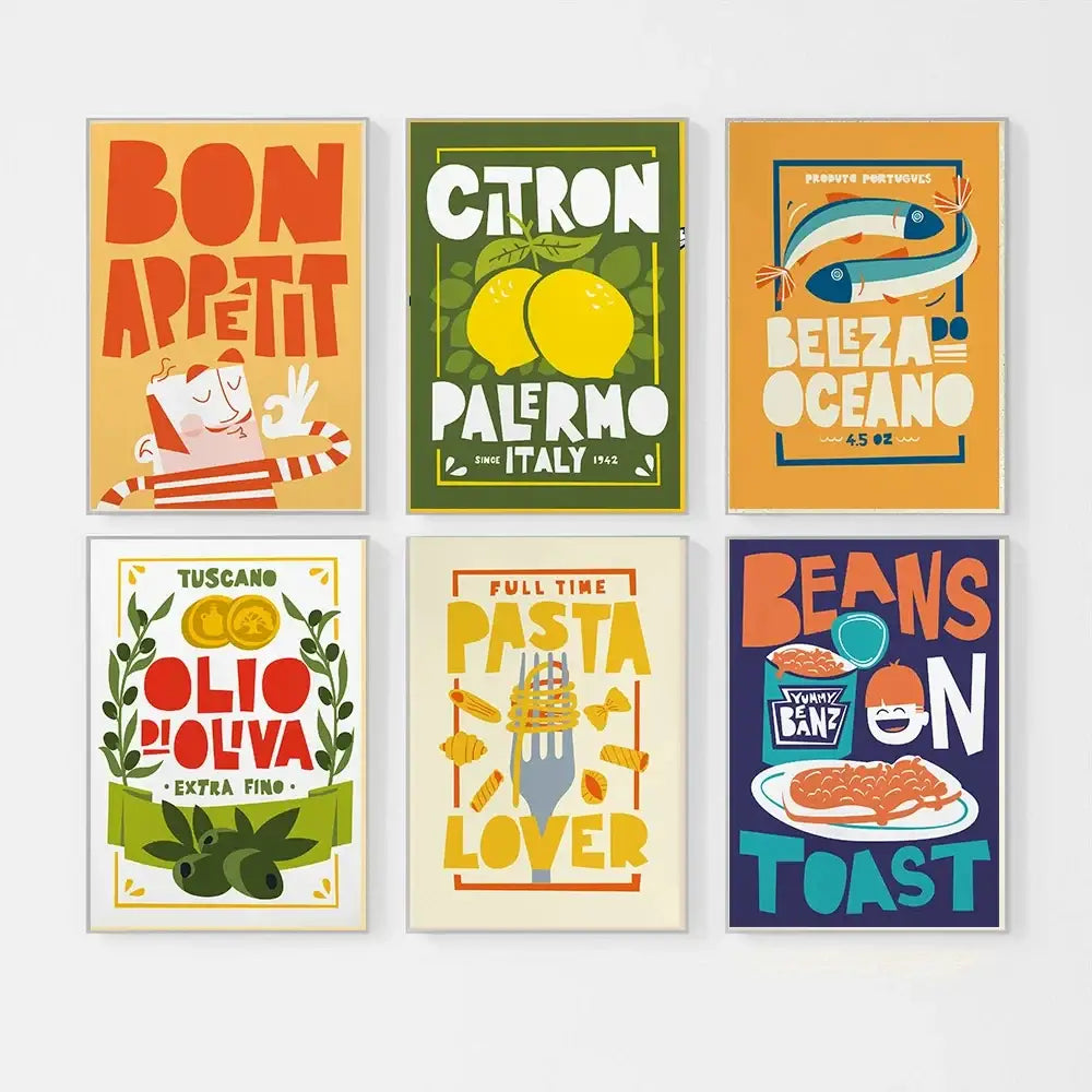 Six colorful decorbites fun beans on toast italian canvas paintings featuring toast cartoon and vibrant typography