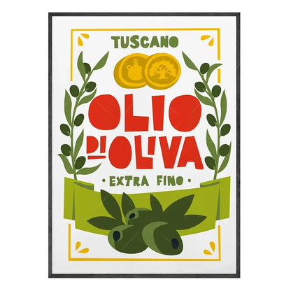 Decorbites™ fun beans on toast kitchen canvas art featuring a tuscan olive oil label poster with bold red and green typography framed in black