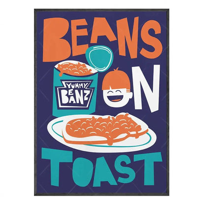 Vibrant orange and teal fun beans canvas painting featuring toast cartoon with smiling character on dark blue background