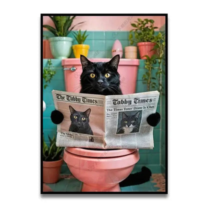 Decorbites™ fun cat reading on toilet canvas wall art features a black cat with yellow eyes holding a newspaper on pink toilet