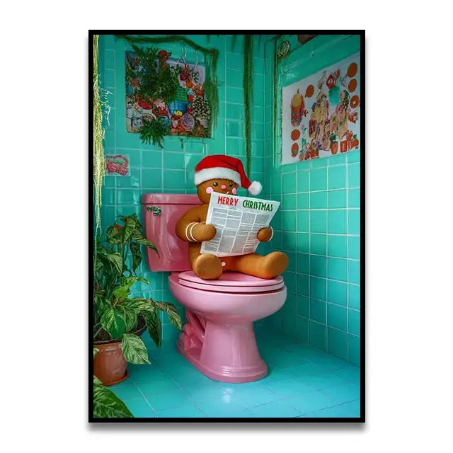 Decorbites™ fun cat reading on toilet canvas wall art featuring a gingerbread man in a santa hat on a pink toilet