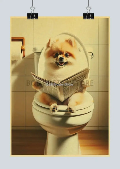 A charming pomeranian dog with tan and white fur on a toilet seat holding a newspaper in a funny animal bathroom poster for home decor