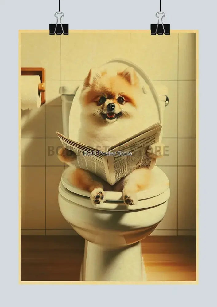 A charming pomeranian dog with tan and white fur on a toilet seat holding a newspaper in a funny animal bathroom poster for home decor